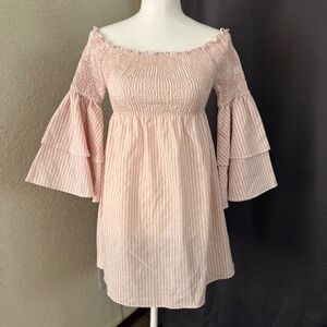 Paperheart Pink White Stripe Off Shoulder Smocked Mini Dress Tiered Bell‎ Slv M